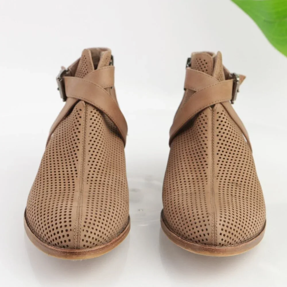 Vince Camuto Womens Casha Boots Size 7.5 Tan Taupe Suede Perf Block Heel Booties